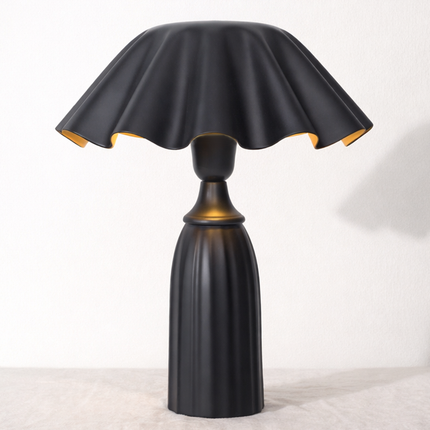 Table Lamp – Contemporary Matte Black Cone Base Table Lamp with Wavy Sculpted Shade | Modern Designer Bedside Lighting