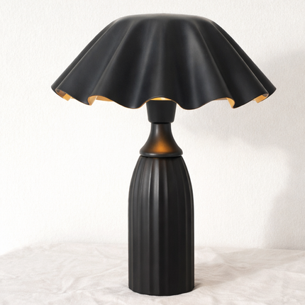 Table Lamp – Contemporary Matte Black Cone Base Table Lamp with Wavy Sculpted Shade | Modern Designer Bedside Lighting