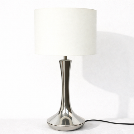 Table Lamp – Modern Metallic Silver Tulip Base Table Lamp with Large Fabric Drum Shade | Sophisticated Contemporary Interior Lighting
