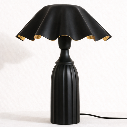 Table Lamp – Contemporary Matte Black Cone Base Table Lamp with Wavy Sculpted Shade | Modern Designer Bedside Lighting