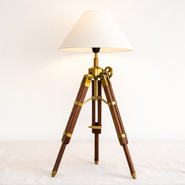 Table Tripod Lamp Vintage Wooden Brass Nautical Table Light Handmade Retro Bedside Lamp for Office Desk Living Room Home Decor