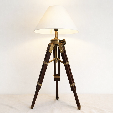 Table Tripod Lamp Vintage Wooden Brass Nautical Table Light Handmade Retro Bedside Lamp for Office Desk Living Room Home Decor