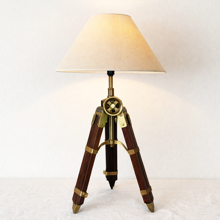 Table Tripod Lamp Vintage Wooden Brass Nautical Table Light Handmade Retro Bedside Lamp for Office Desk Living Room Home Decor