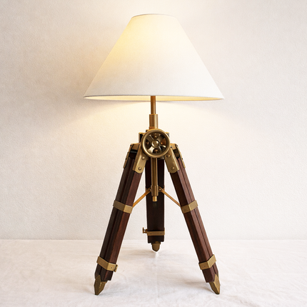 Table Tripod Lamp Vintage Wooden Brass Nautical Table Light Handmade Retro Bedside Lamp for Office Desk Living Room Home Decor