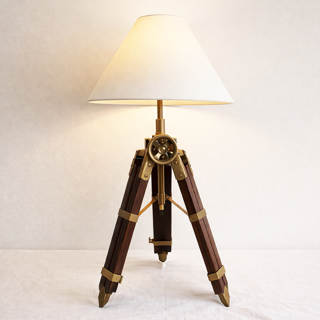 Table Tripod Lamp Vintage Wooden Brass Nautical Table Light Handmade Retro Bedside Lamp for Office Desk Living Room Home Decor