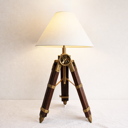 Table Tripod Lamp Vintage Wooden Brass Nautical Table Light Handmade Retro Bedside Lamp for Office Desk Living Room Home Decor