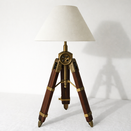 Table Tripod Lamp Vintage Wooden Brass Nautical Table Light Handmade Retro Bedside Lamp for Office Desk Living Room Home Decor
