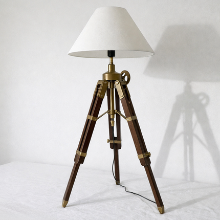 Table Tripod Lamp Vintage Wooden Brass Nautical Table Light Handmade Retro Bedside Lamp for Office Desk Living Room Home Decor