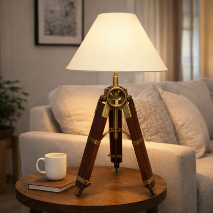 Table Tripod Lamp Vintage Wooden Brass Nautical Table Light Handmade Retro Bedside Lamp for Office Desk Living Room Home Decor
