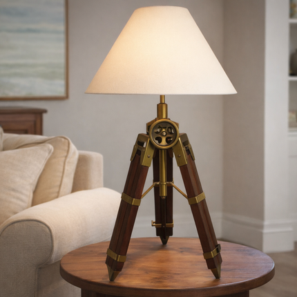 Table Tripod Lamp Vintage Wooden Brass Nautical Table Light Handmade Retro Bedside Lamp for Office Desk Living Room Home Decor