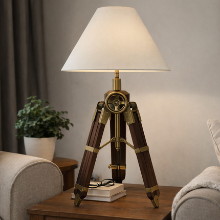 Table Tripod Lamp Vintage Wooden Brass Nautical Table Light Handmade Retro Bedside Lamp for Office Desk Living Room Home Decor