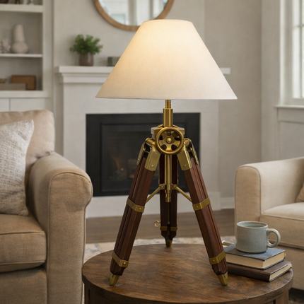 Table Tripod Lamp Vintage Wooden Brass Nautical Table Light Handmade Retro Bedside Lamp for Office Desk Living Room Home Decor