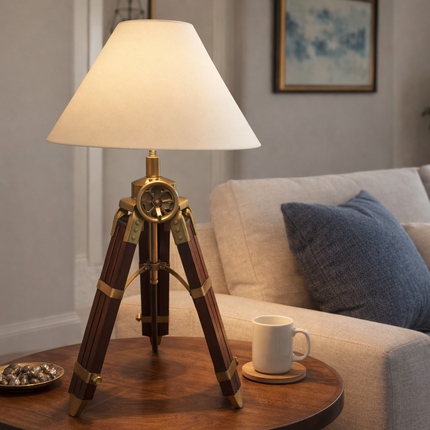Table Tripod Lamp Vintage Wooden Brass Nautical Table Light Handmade Retro Bedside Lamp for Office Desk Living Room Home Decor