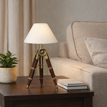 Table Tripod Lamp Vintage Wooden Brass Nautical Table Light Handmade Retro Bedside Lamp for Office Desk Living Room Home Decor