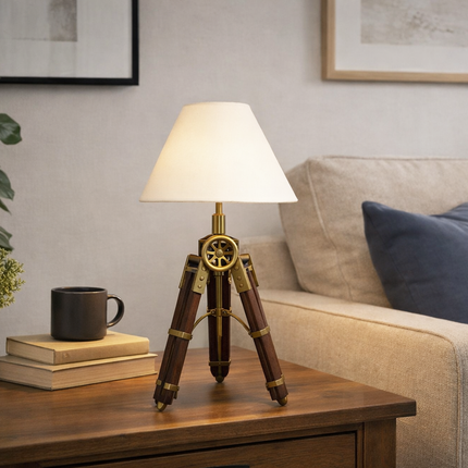 Table Tripod Lamp Vintage Wooden Brass Nautical Table Light Handmade Retro Bedside Lamp for Office Desk Living Room Home Decor