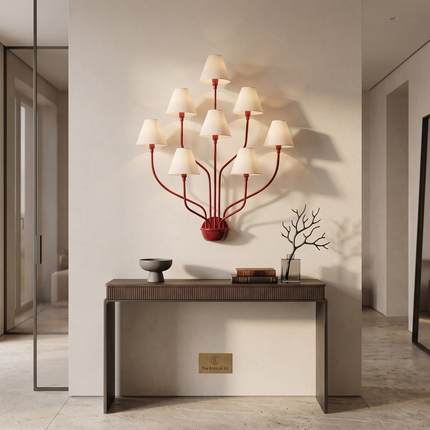Wall Light – Bold Modern Red 8-Light Designer Wall Sconce with White Fabric Lampshades. Statement Wall Lighting Fixture for Luxury Interiors
