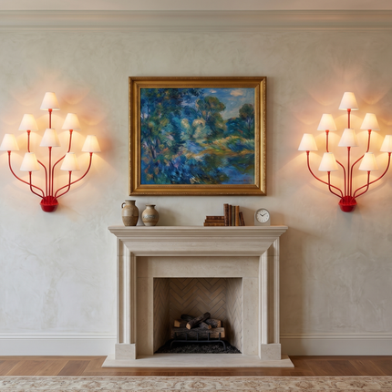 Wall Light – Bold Modern Red 8-Light Designer Wall Sconce with White Fabric Lampshades. Statement Wall Lighting Fixture for Luxury Interiors