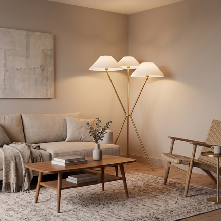 Floor Lamp Tripod Luxury Gold Brass, Modern Triple Light with Shades, Decor Lighting, Light with Triple Cone Shades, Nordic Lighting Fixture