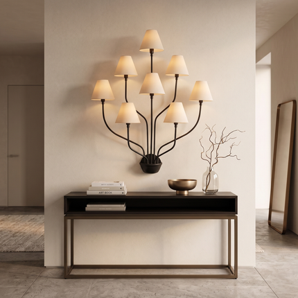 Wall Light – Matte Black 8-Light Artistic Wall Sconce with White Cone Shades | Minimal Modern Luxury Lighting Fixture for Interior Wall