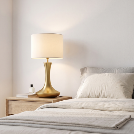 Table Lamp – Luxury Brushed Gold Table Lamp with Elegant Tulip Base and Linen Drum Shade | Modern Glam Bedside Accent Lighting