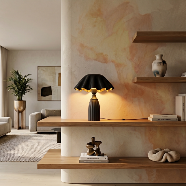 Table Lamp – Contemporary Matte Black Cone Base Table Lamp with Wavy Sculpted Shade | Modern Designer Bedside Lighting