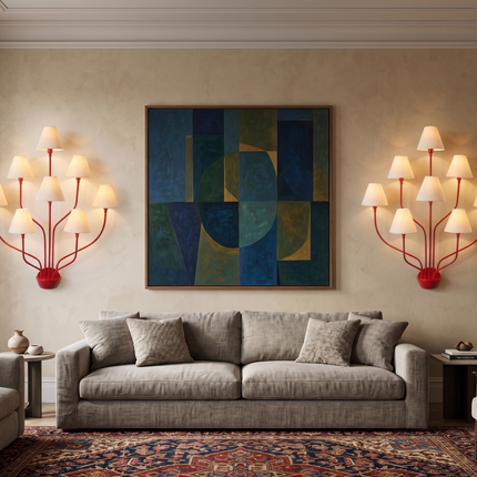 Wall Light – Bold Modern Red 8-Light Designer Wall Sconce with White Fabric Lampshades. Statement Wall Lighting Fixture for Luxury Interiors