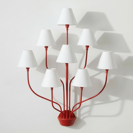 Wall Light – Bold Modern Red 8-Light Designer Wall Sconce with White Fabric Lampshades. Statement Wall Lighting Fixture for Luxury Interiors