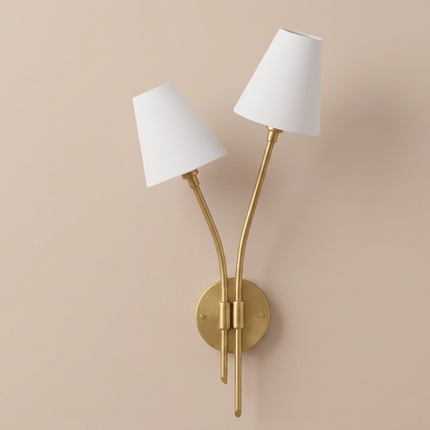 Gold Brass Double Wall Sconce, Elegant 2 Light Wall Lamp with White Shades, Luxury Bedroom Living Room Lighting Fixture Wall Décor for Home