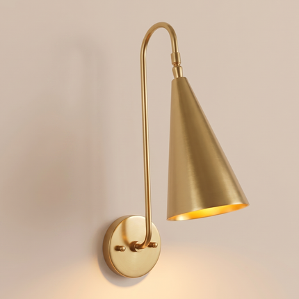 Wall Sconce Gold Brass Metal Wall Lamp with White Shade Contemporary Bedroom Lighting Gold Brass Wall Light Modern Cone Shade Sconce Decor.