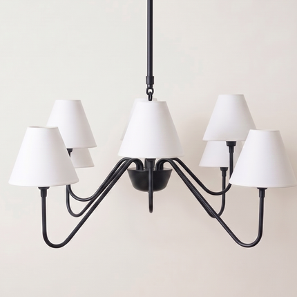 Matte Black Light Chandelier with White Linen Shades | Modern Ceiling Hanging Light Fixture for Dining Room & Kitchen Island