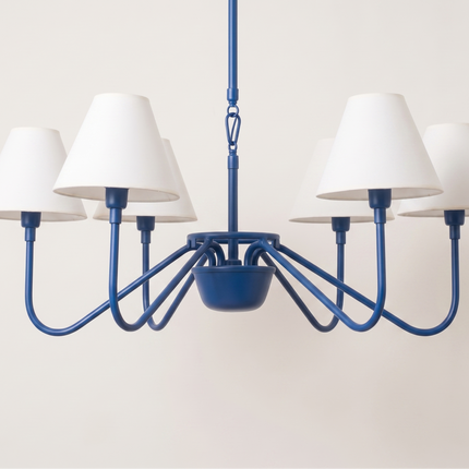 Modern Blue 8 Light Chandelier with White Fabric Shades | Contemporary Ceiling Pendant Light for Dining Room & Living Room