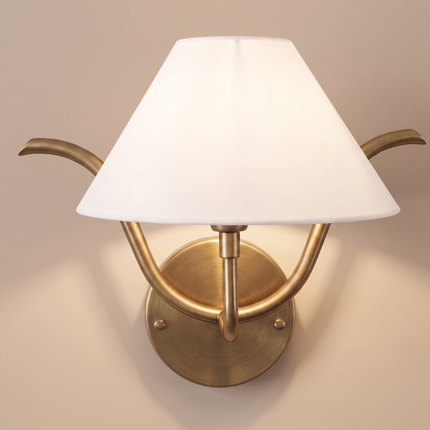 Antique Brass Wall Sconce, Light Wall Lamp, Curved Arm Lighting, White Fabric Shade, Modern Bedroom Sconce, Hallway & Living Room Light