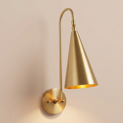 Wall Sconce Gold Brass Metal Wall Lamp with White Shade Contemporary Bedroom Lighting Gold Brass Wall Light Modern Cone Shade Sconce Decor.