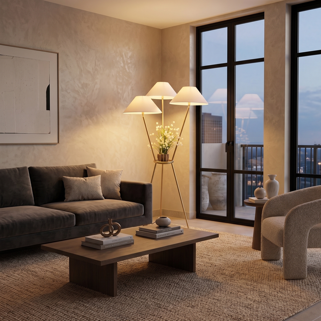 Floor Lamp Gold Tripod with Built-In Plant Stand, Luxury Modern Standing Light, Three Shade Floor Lamp for Living Room, Bedroom,Home Decor