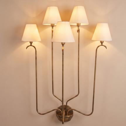 Wall Light Brass antique Multi Light Fixture, Five Arm Wall Lamp with White Fabric Shades, Elegant Nordic Lighting for Living Room & Hallway