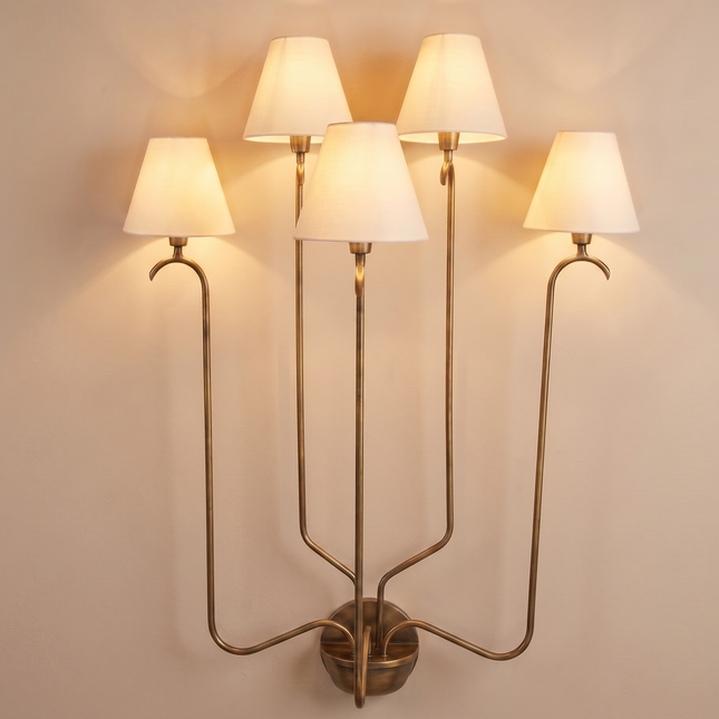 Wall Light Brass antique Multi Light Fixture, Five Arm Wall Lamp with White Fabric Shades, Elegant Nordic Lighting for Living Room & Hallway