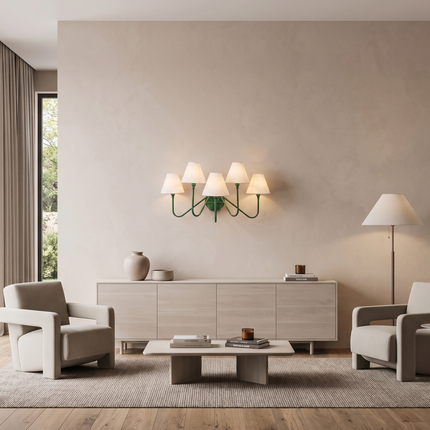 Green 5 Light Wall Sconce, Modern Green Wall Lamp with White Shades, Statement Wall Lighting, Contemporary Bedroom and Living Room Light