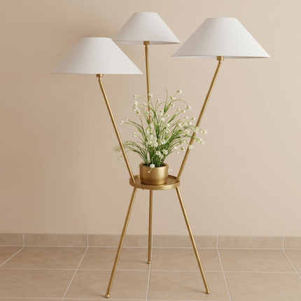 Floor Lamp Gold Tripod with Built-In Plant Stand, Luxury Modern Standing Light, Three Shade Floor Lamp for Living Room, Bedroom,Home Decor