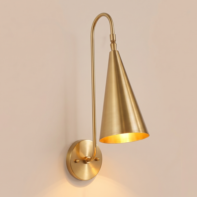 Wall Sconce Gold Brass Metal Wall Lamp with White Shade Contemporary Bedroom Lighting Gold Brass Wall Light Modern Cone Shade Sconce Decor.