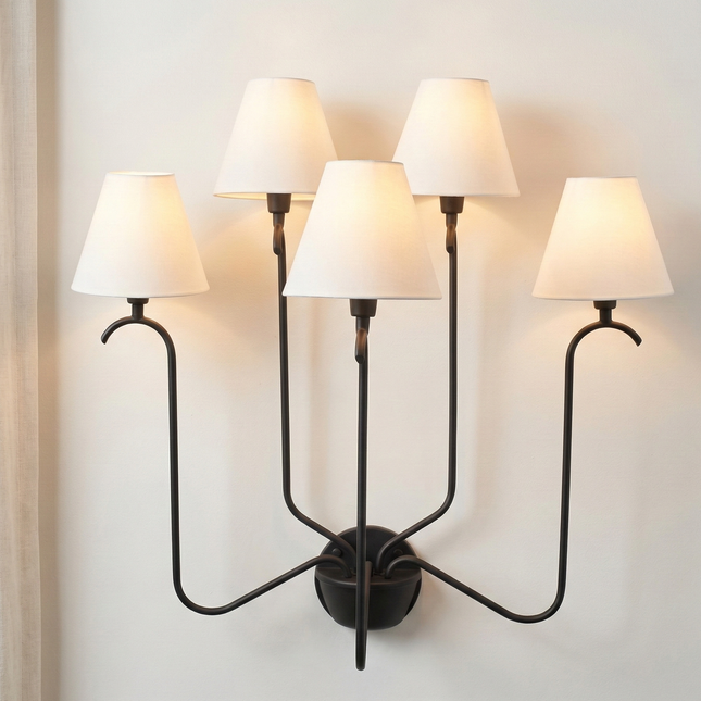 Wall Light Modern Matte Black Five Arm Fixture, Luxury Multi Shade Wall Lamp with Elegant White Fabric Shades for Living Room & Bedroom