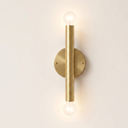 Wall Sconce Gold Double Bulb Lighting Fixture – Minimalist Brass Wall Lamp for Bedroom, Living Room, Hallway, Staircase & Interior Decor.