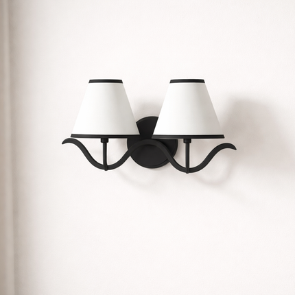Wall Sconce Modern Curved Arm Double , Black Wall Lamp with White Shades, Bedside Reading Light, Living Room and Entryway Decor