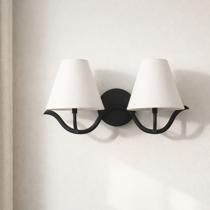 Wall Sconce with Modern Black Double White Fabric Shades, Bedroom Bedside Wall Lamp, Living Room, Hallway, Bathroom Vanity Light Fixture