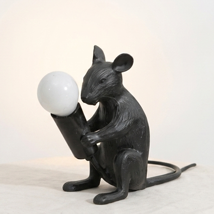 Table Lamp – Artistic Black Mouse Table Lamp Holding Exposed Bulb | Unique Animal Sculptural Accent Lighting for Modern Home Decor