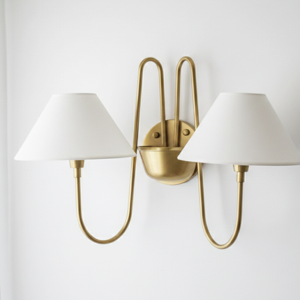 Wall Light Brushed Brass Double Arm Designer Sconce, Mid Century Modern Luxury Wall Fixture with White Linen Shades for Interiors