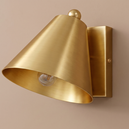Gold Brass Wall Sconce, Modern Cone Wall Lamp, Mid Century Bedroom Light, Handmade Metal Wall Light, Bedside Light cone-shaped metal shade.