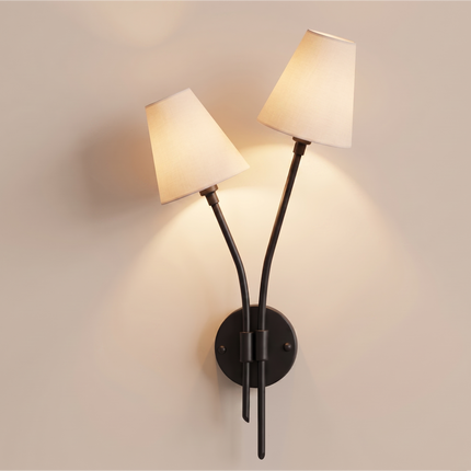 Matte Black 2 Light Wall Sconce, Double Arm Wall Lamp with White Fabric Shades, Modern Bedroom Lighting Contemporary Wall Light Elegant Home