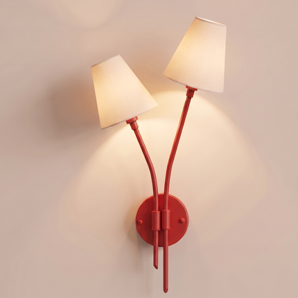 Wall Light Matte Red Designer Double Arm Sconce, Scandinavian Modern Wall Fixture with Elegant Cone Shades for Luxury Interior Styling