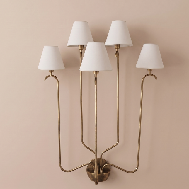 Wall Light Brass antique Multi Light Fixture, Five Arm Wall Lamp with White Fabric Shades, Elegant Nordic Lighting for Living Room & Hallway