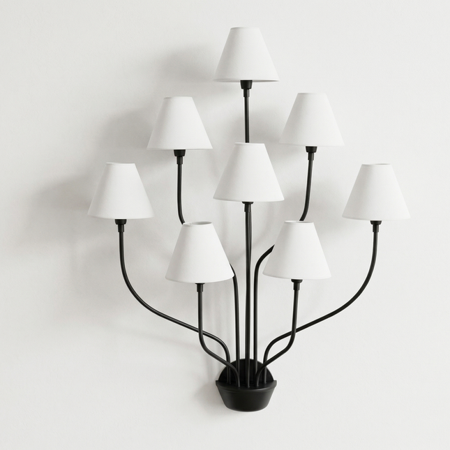 Wall Light – Matte Black 8-Light Artistic Wall Sconce with White Cone Shades | Minimal Modern Luxury Lighting Fixture for Interior Wall